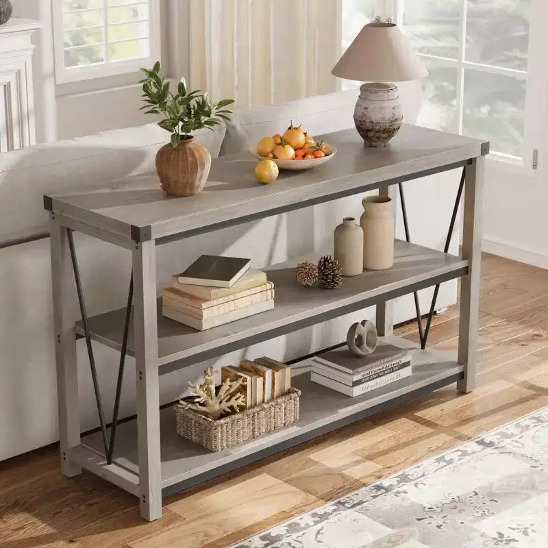47 Narrow Long Console Table with Storage, 3 Tier Wood Console Table, Farmhouse Entryway Table