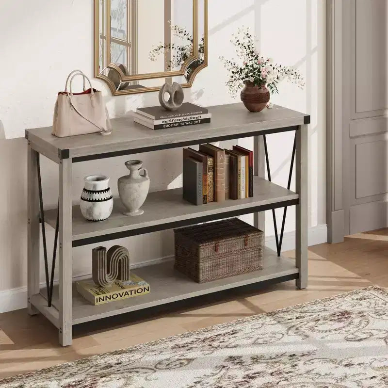 47 Narrow Long Console Table with Storage, 3 Tier Wood Console Table, Farmhouse Entryway Table