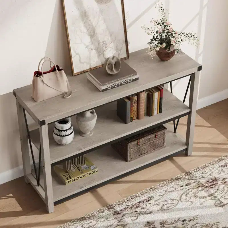 47 Narrow Long Console Table with Storage, 3 Tier Wood Console Table, Farmhouse Entryway Table