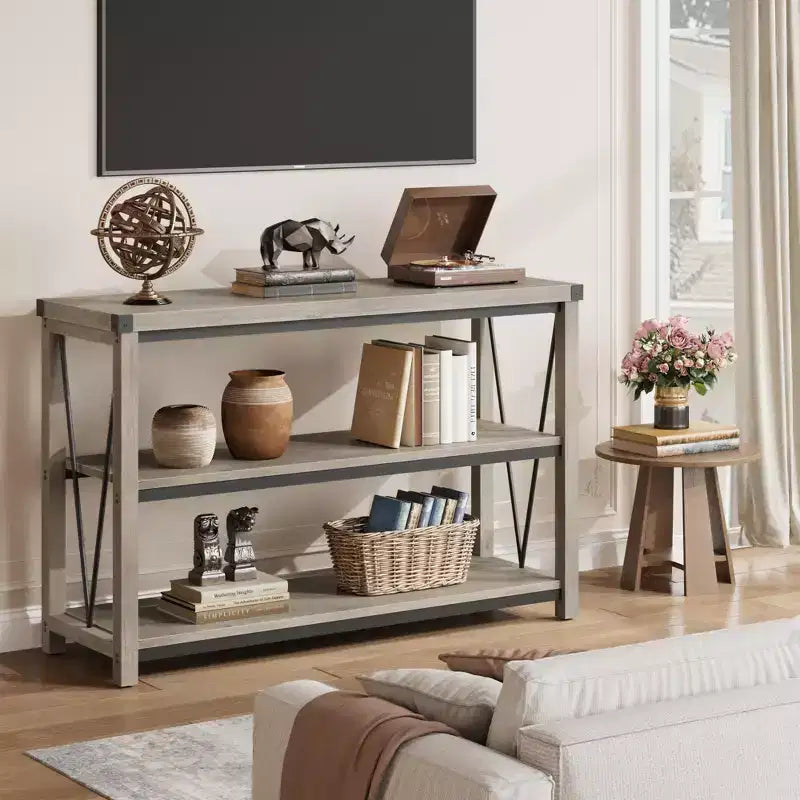47 Narrow Long Console Table with Storage, 3 Tier Wood Console Table, Farmhouse Entryway Table