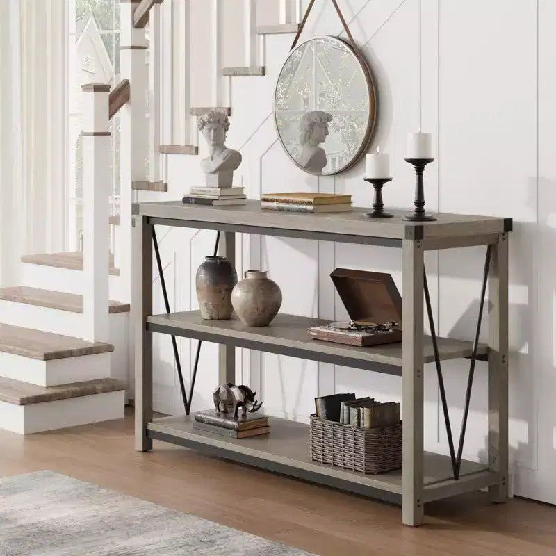 47 Narrow Long Console Table with Storage, 3 Tier Wood Console Table, Farmhouse Entryway Table