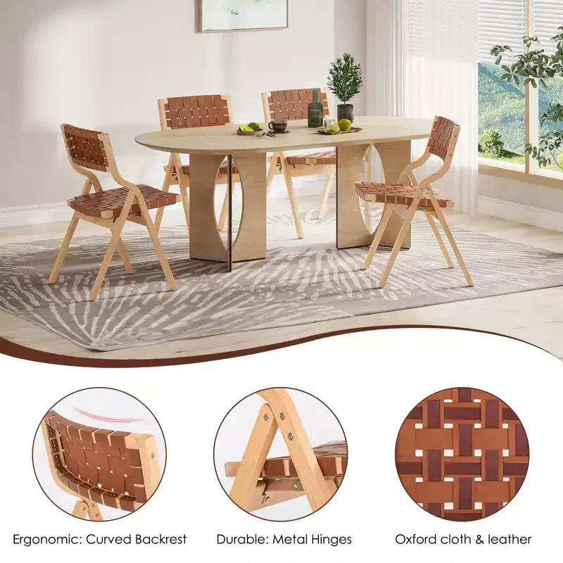 Wooden Dining Chairs, Folding Dining Chairs with Woven Seat and Webbing Back, Stackable Dining Chairs for Dining Room