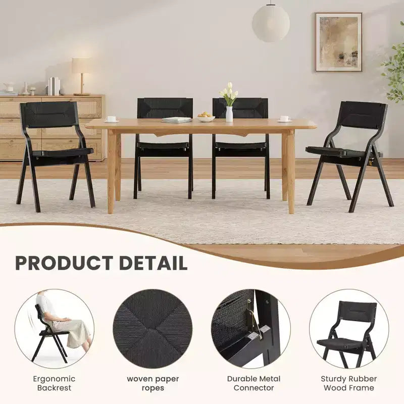 Wooden Dining Chairs, Folding Dining Chairs with Woven Seat and Webbing Back, Stackable Dining Chairs for Dining Room