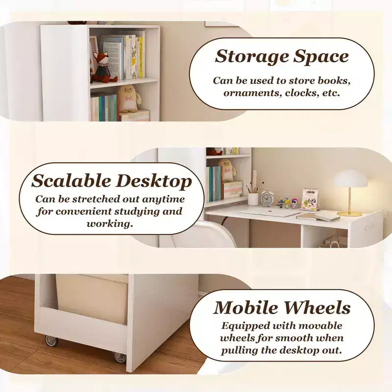 Stretchable Writing Desk,Foldable Home Office Desk with Storage Shelves and Wheels,Mobile Workstation for Small Apartments,Offices