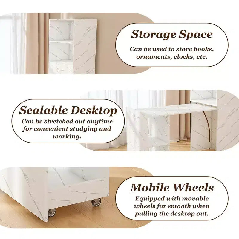Stretchable Writing Desk,Foldable Home Office Desk with Storage Shelves and Wheels,Mobile Workstation for Small Apartments,Offices