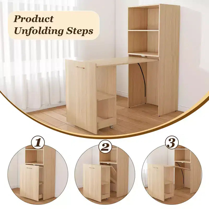 Stretchable Writing Desk,Foldable Home Office Desk with Storage Shelves and Wheels,Mobile Workstation for Small Apartments,Offices