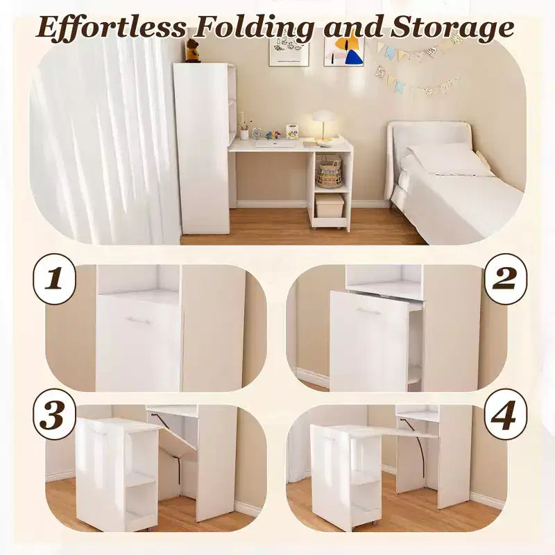 Stretchable Writing Desk,Foldable Home Office Desk with Storage Shelves and Wheels,Mobile Workstation for Small Apartments,Offices