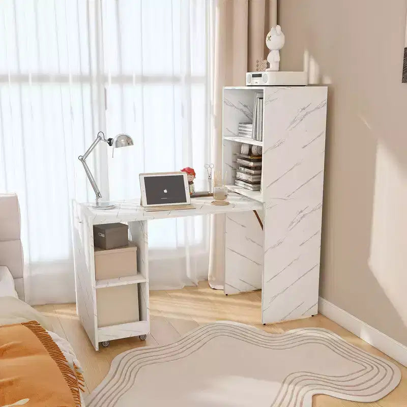 Stretchable Writing Desk,Foldable Home Office Desk with Storage Shelves and Wheels,Mobile Workstation for Small Apartments,Offices