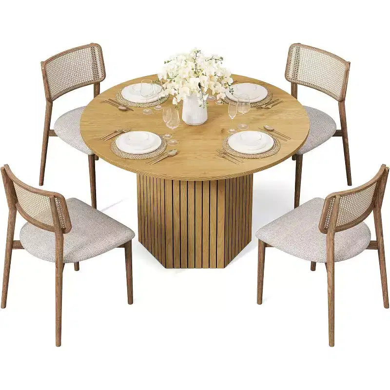 Round Wood Dining Table, 47-Inch Small Dining Table for 4, Modern Circle Kitchen Table with Wood Strip Base for Kitchen Living Room, Walnut