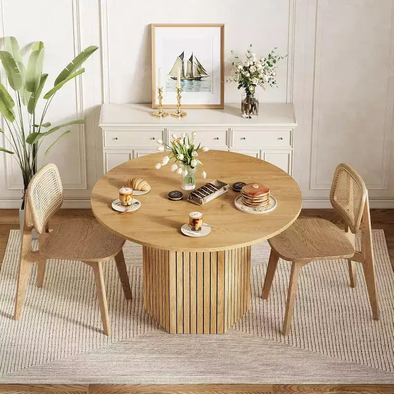 Round Wood Dining Table, 47-Inch Small Dining Table for 4, Modern Circle Kitchen Table with Wood Strip Base for Kitchen Living Room, Walnut