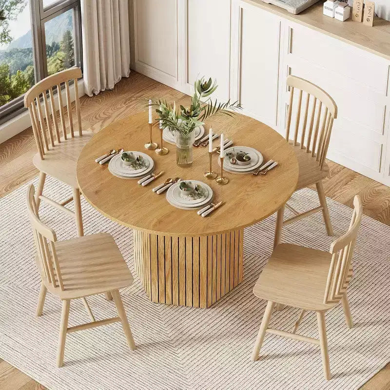 Round Wood Dining Table, 47-Inch Small Dining Table for 4, Modern Circle Kitchen Table with Wood Strip Base for Kitchen Living Room, Walnut