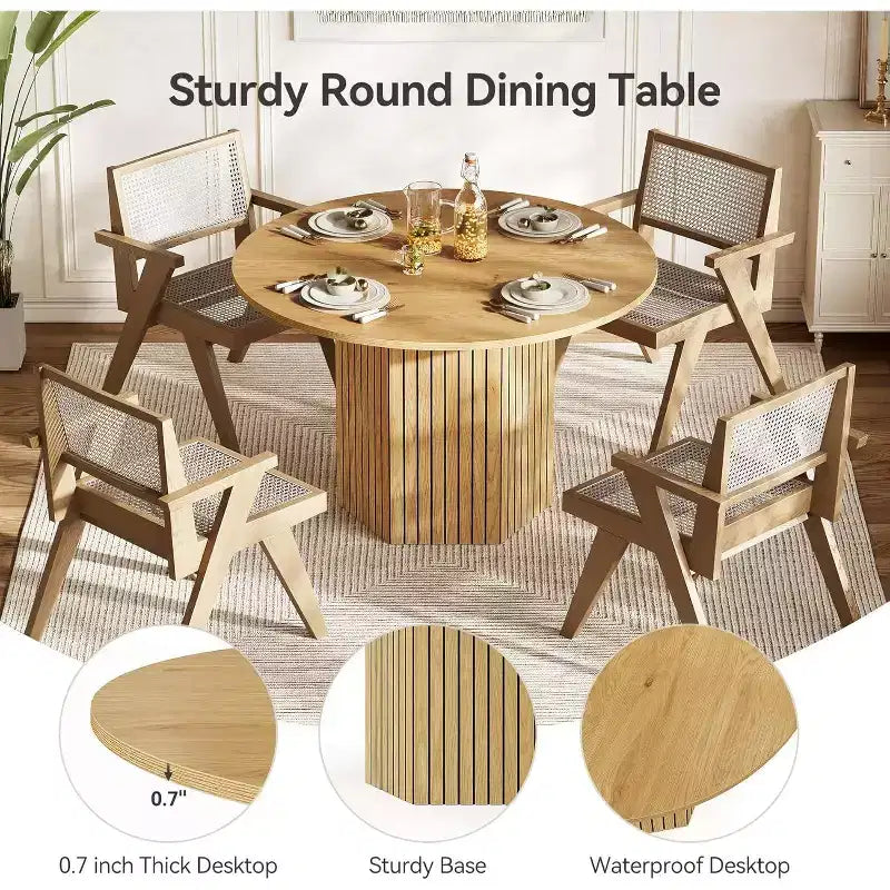 Round Wood Dining Table, 47-Inch Small Dining Table for 4, Modern Circle Kitchen Table with Wood Strip Base for Kitchen Living Room, Walnut