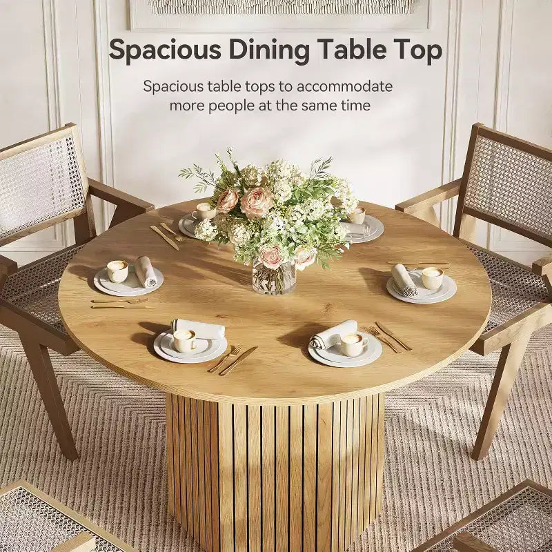 Round Wood Dining Table, 47-Inch Small Dining Table for 4, Modern Circle Kitchen Table with Wood Strip Base for Kitchen Living Room, Walnut