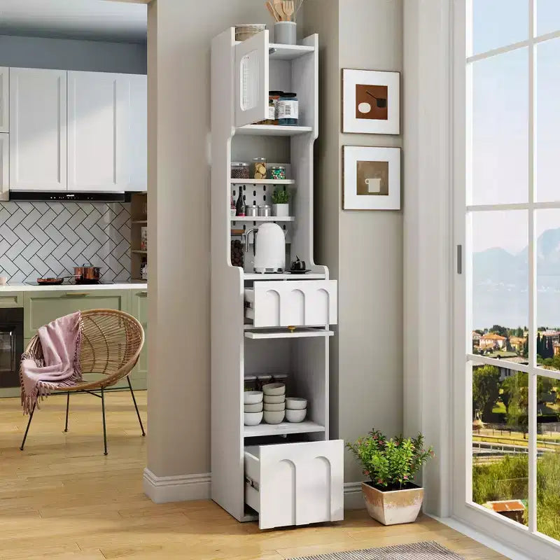 71 Tall Narrow Storage Cabinet - White Particle Board+MDF, 1 Door & 2 Drawers, Kitchen Use