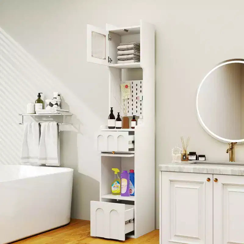 71 Tall Narrow Storage Cabinet - White Particle Board+MDF, 1 Door & 2 Drawers, Kitchen Use