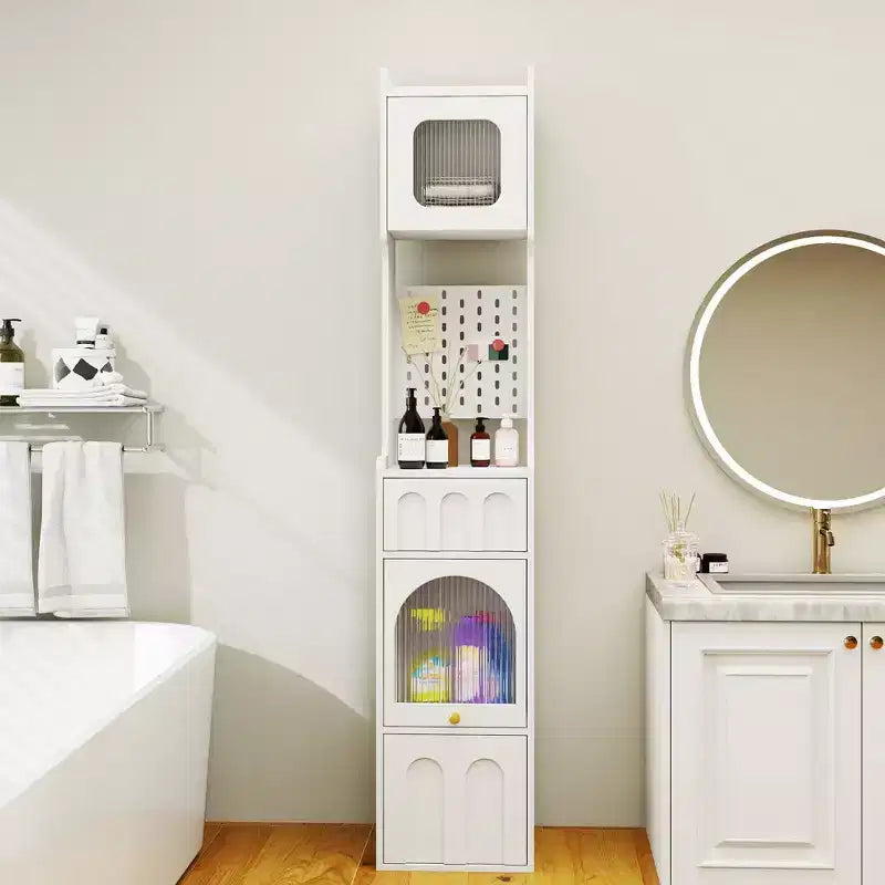 71 Tall Narrow Storage Cabinet - White Particle Board+MDF, 1 Door & 2 Drawers, Kitchen Use