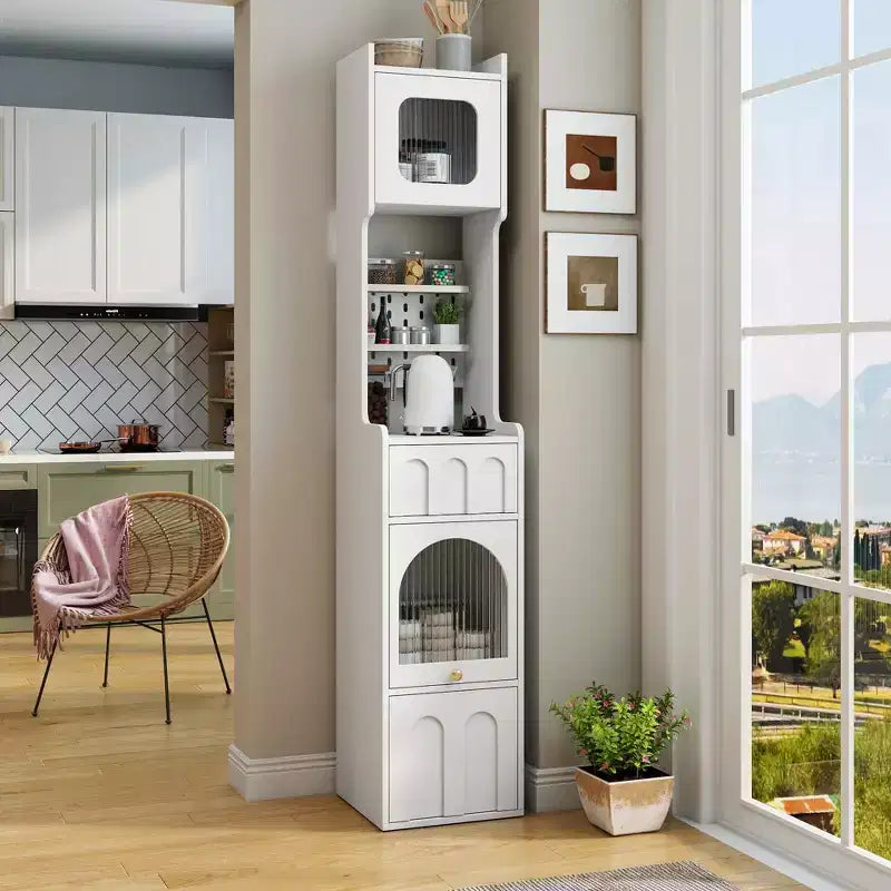 71 Tall Narrow Storage Cabinet - White Particle Board+MDF, 1 Door & 2 Drawers, Kitchen Use