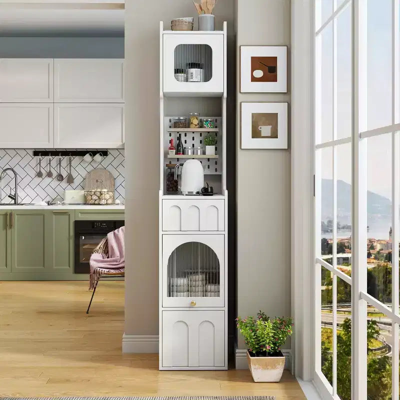 71 Tall Narrow Storage Cabinet - White Particle Board+MDF, 1 Door & 2 Drawers, Kitchen Use