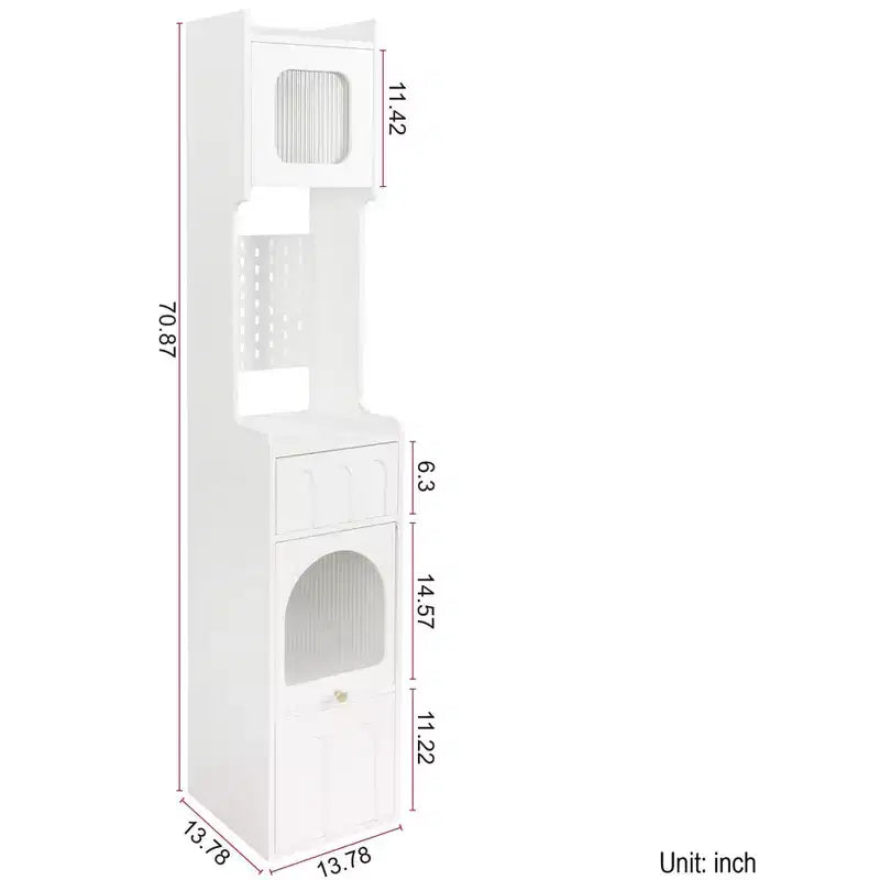 71 Tall Narrow Storage Cabinet - White Particle Board+MDF, 1 Door & 2 Drawers, Kitchen Use