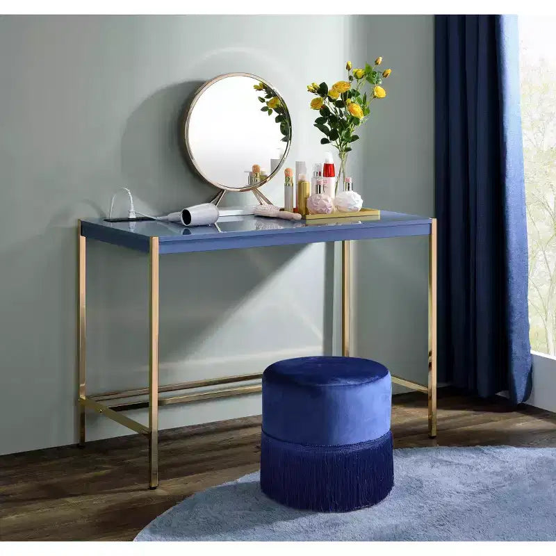 Modern 40 Writing Desk,Office Desk with Built-in USB Port,High-Gloss Desktop,Gold Open Metal Base,Rectangular Desk for Bedroom,Office,Study