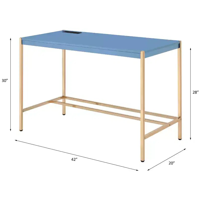 Modern 40 Writing Desk,Office Desk with Built-in USB Port,High-Gloss Desktop,Gold Open Metal Base,Rectangular Desk for Bedroom,Office,Study