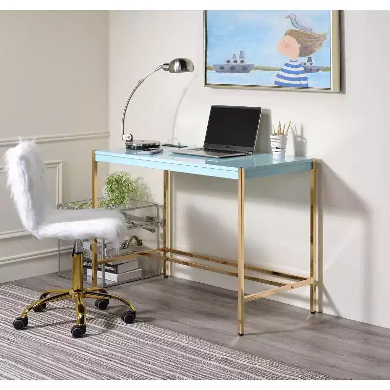 Modern 40 Writing Desk,Office Desk with Built-in USB Port,High-Gloss Desktop,Gold Open Metal Base,Rectangular Desk for Bedroom,Office,Study