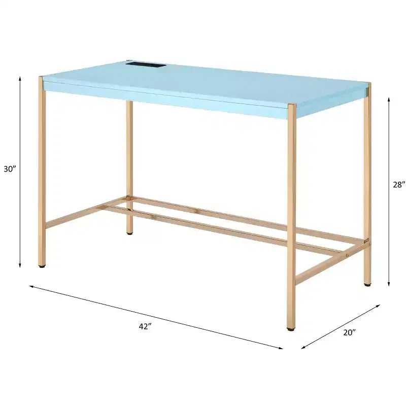 Modern 40 Writing Desk,Office Desk with Built-in USB Port,High-Gloss Desktop,Gold Open Metal Base,Rectangular Desk for Bedroom,Office,Study