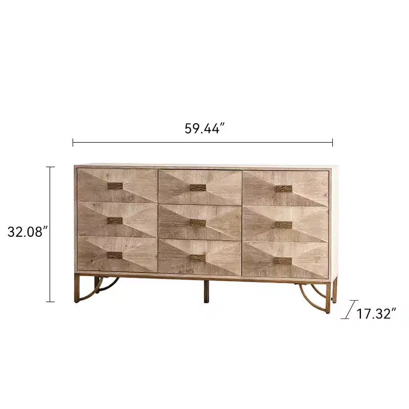 59.44-inch Wooden Sideboard, Three-Drawer Storage Cabinet with Geometric Relief, Suitable for Dining Rooms, Wood-Tone Finish