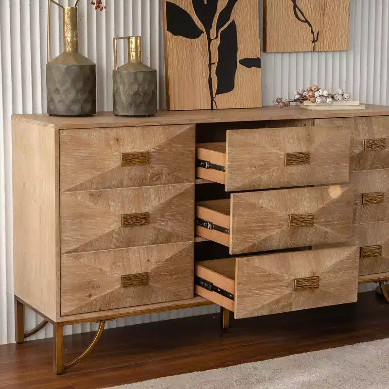 59.44-inch Wooden Sideboard, Three-Drawer Storage Cabinet with Geometric Relief, Suitable for Dining Rooms, Wood-Tone Finish