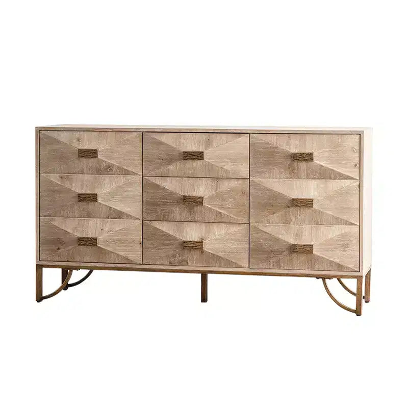 59.44-inch Wooden Sideboard, Three-Drawer Storage Cabinet with Geometric Relief, Suitable for Dining Rooms, Wood-Tone Finish