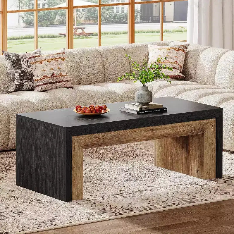 47-Inch Coffee Table for Living Room, Mid-Century Modern Farmhouse Center with Sturdy Base for Apartment, Easy Assembly, Black & Walnut