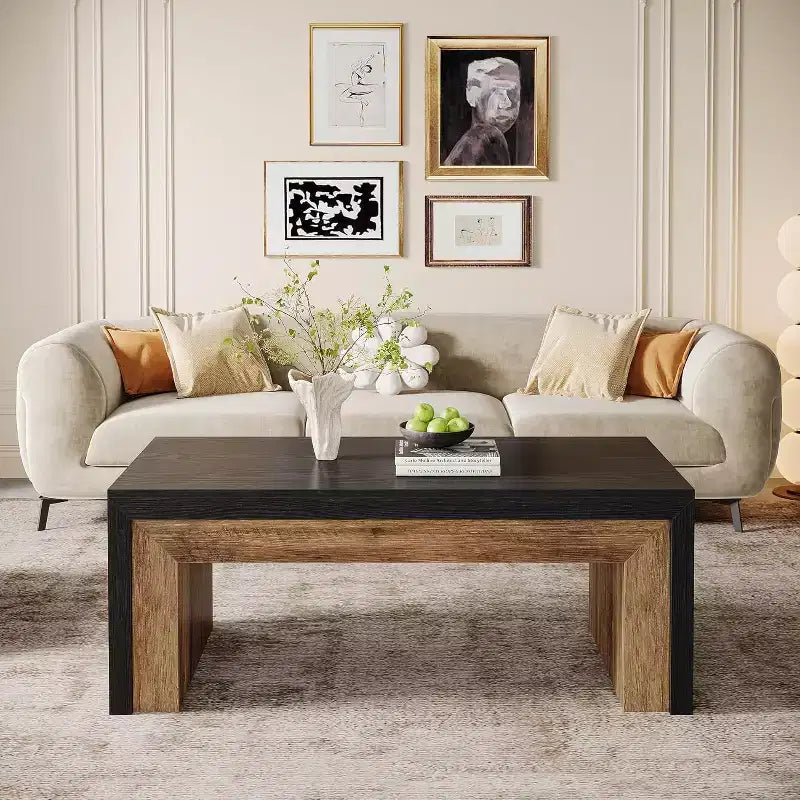 47-Inch Coffee Table for Living Room, Mid-Century Modern Farmhouse Center with Sturdy Base for Apartment, Easy Assembly, Black & Walnut