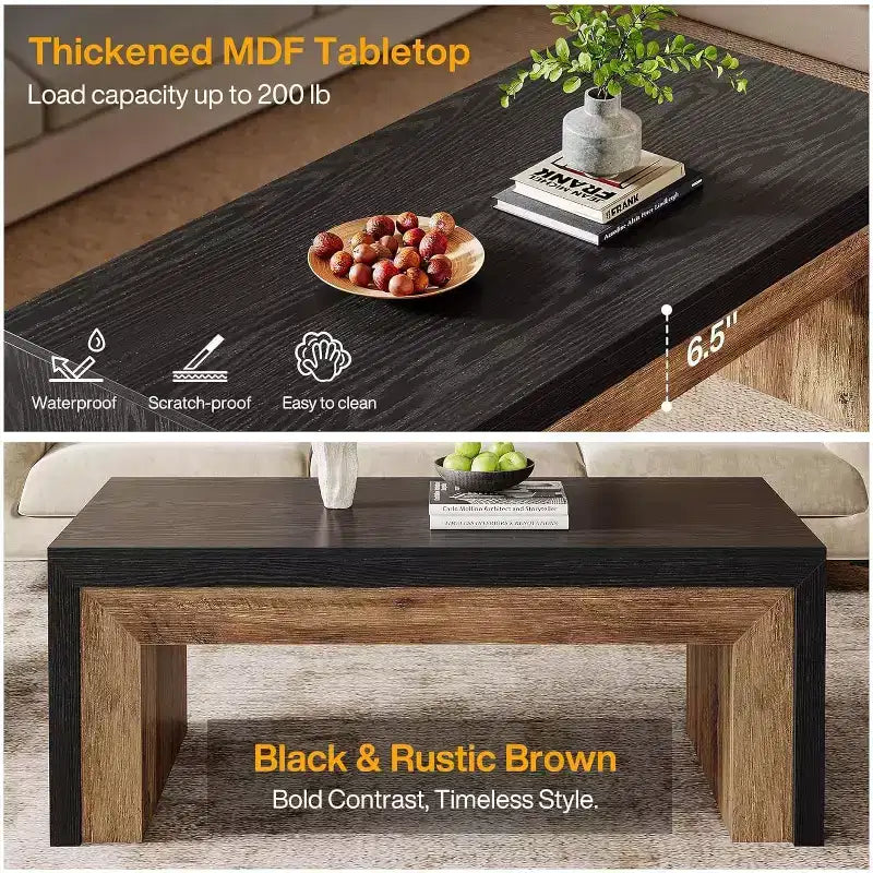 47-Inch Coffee Table for Living Room, Mid-Century Modern Farmhouse Center with Sturdy Base for Apartment, Easy Assembly, Black & Walnut