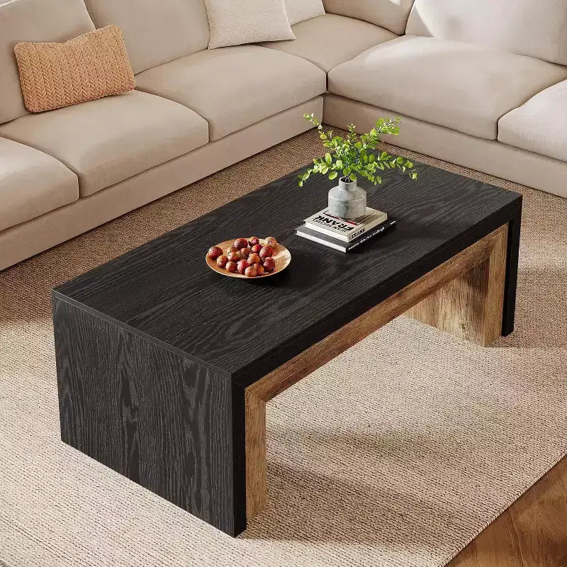 47-Inch Coffee Table for Living Room, Mid-Century Modern Farmhouse Center with Sturdy Base for Apartment, Easy Assembly, Black & Walnut