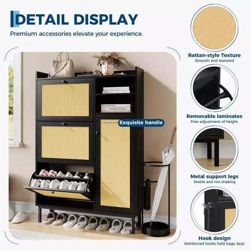 Shoe Cabinet with 3 Flip Drawers and 4 Tier Adjustable Shelves, Natural Rattan Shoe Organizer Storage for Entryway Hallway Closet