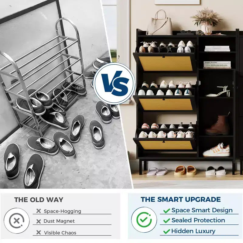 Shoe Cabinet with 3 Flip Drawers and 4 Tier Adjustable Shelves, Natural Rattan Shoe Organizer Storage for Entryway Hallway Closet