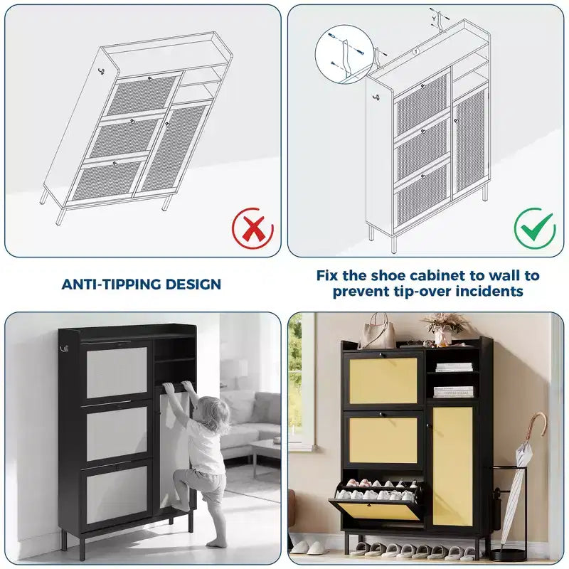 Shoe Cabinet with 3 Flip Drawers and 4 Tier Adjustable Shelves, Natural Rattan Shoe Organizer Storage for Entryway Hallway Closet