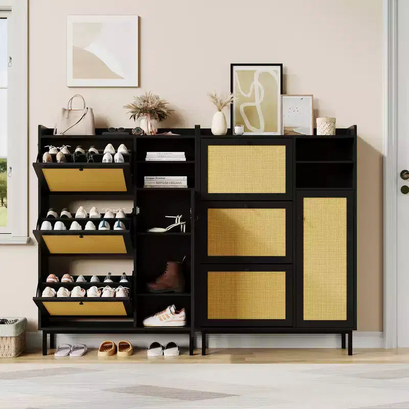 Shoe Cabinet with 3 Flip Drawers and 4 Tier Adjustable Shelves, Natural Rattan Shoe Organizer Storage for Entryway Hallway Closet