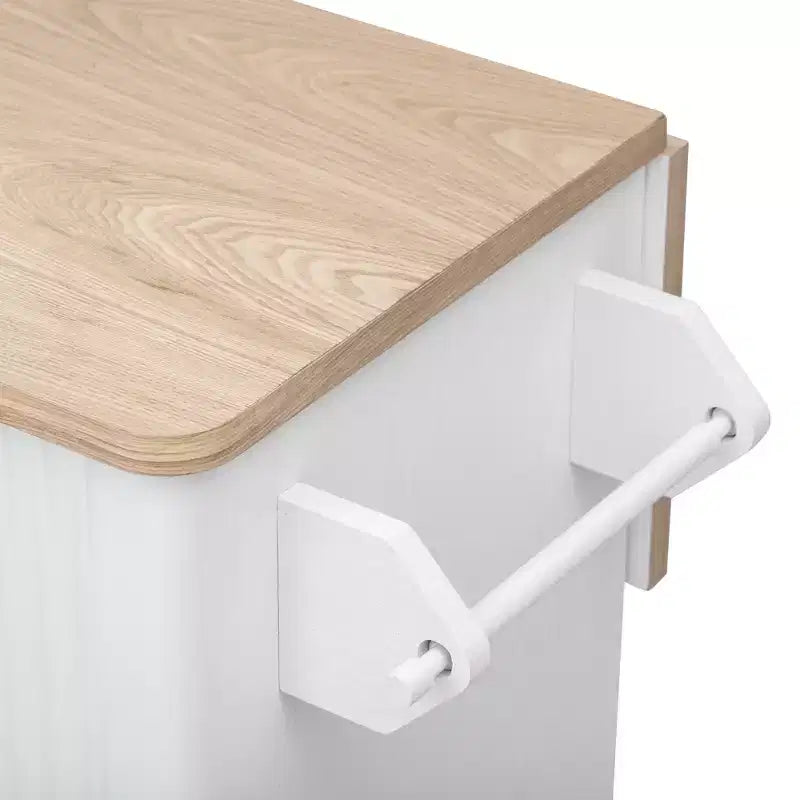 51-inch Recessed Farmhouse-Style Kitchen Island with Folding Table Top Towel Rack and Rolling Cart, Suitable for Kitchens, White Ash Wood