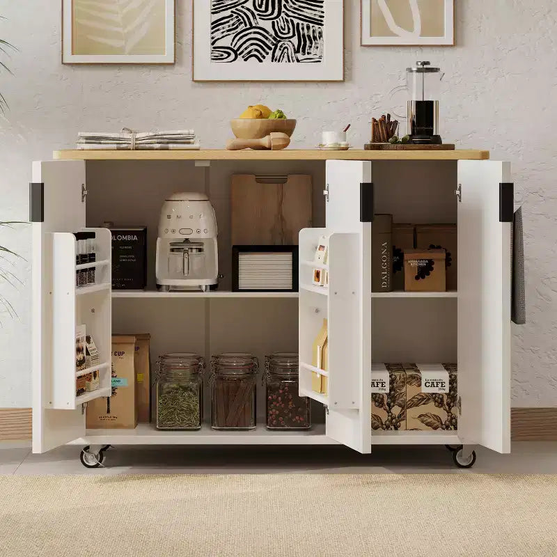 51-inch Recessed Farmhouse-Style Kitchen Island with Folding Table Top Towel Rack and Rolling Cart, Suitable for Kitchens, White Ash Wood