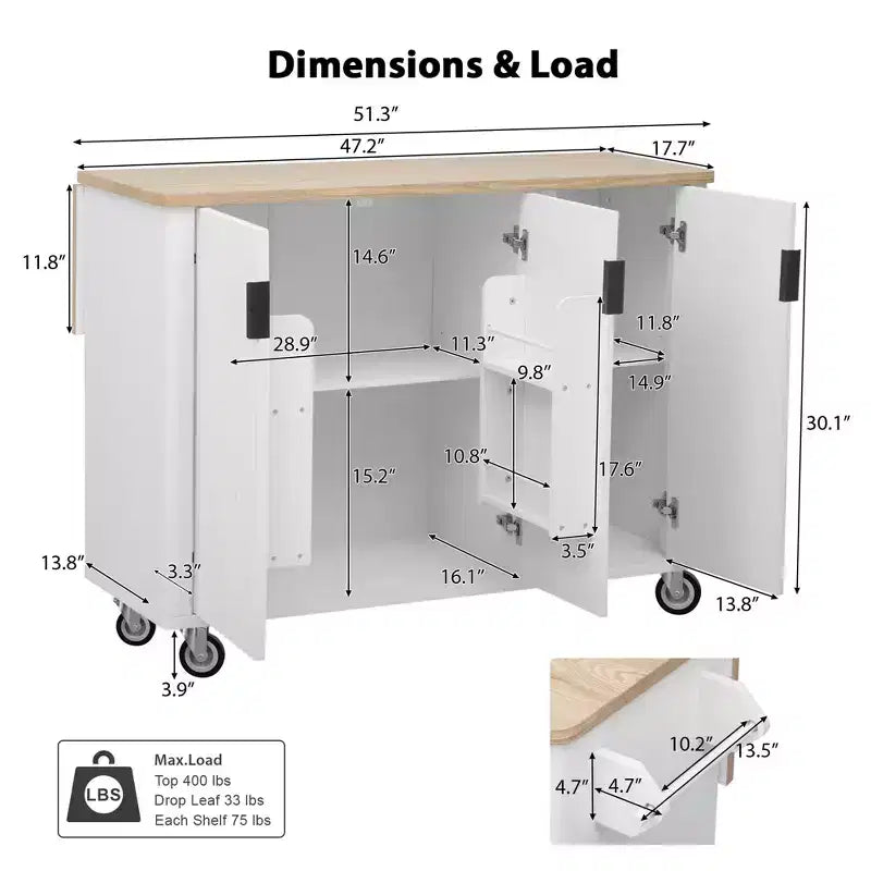 51-inch Recessed Farmhouse-Style Kitchen Island with Folding Table Top Towel Rack and Rolling Cart, Suitable for Kitchens, White Ash Wood