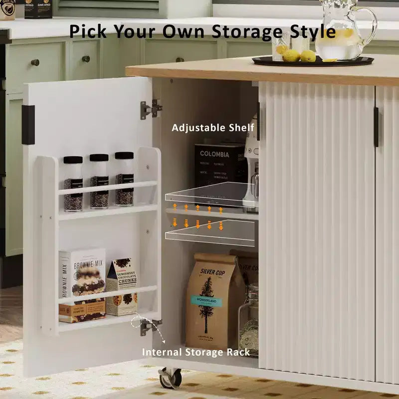 51-inch Recessed Farmhouse-Style Kitchen Island with Folding Table Top Towel Rack and Rolling Cart, Suitable for Kitchens, White Ash Wood