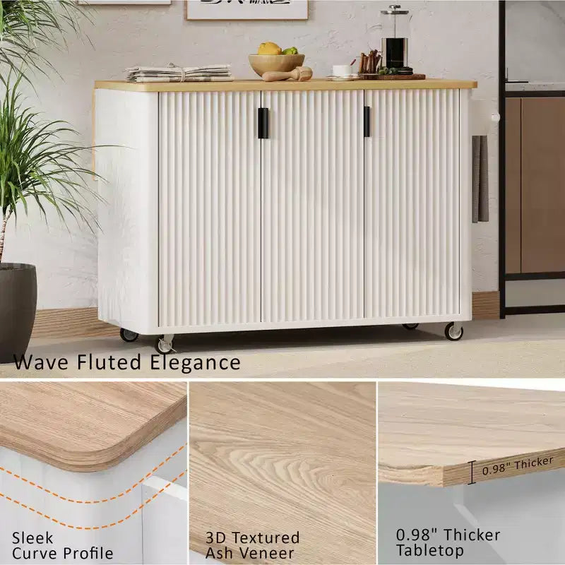 51-inch Recessed Farmhouse-Style Kitchen Island with Folding Table Top Towel Rack and Rolling Cart, Suitable for Kitchens, White Ash Wood