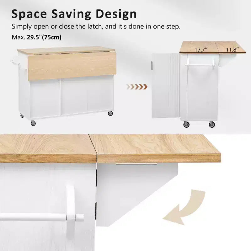 51-inch Recessed Farmhouse-Style Kitchen Island with Folding Table Top Towel Rack and Rolling Cart, Suitable for Kitchens, White Ash Wood
