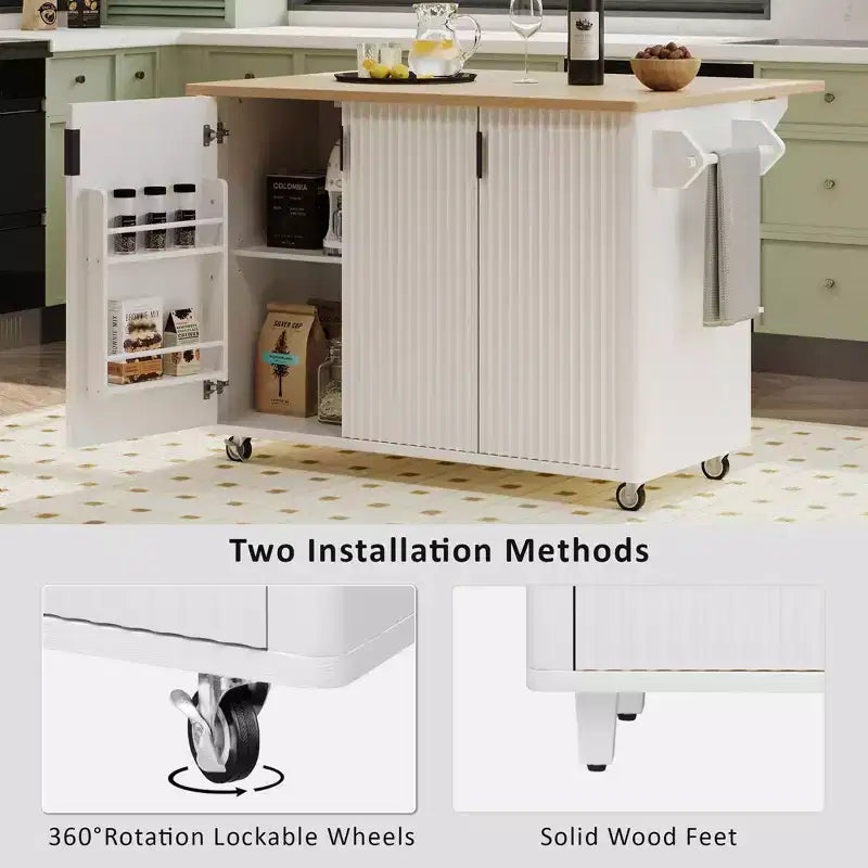51-inch Recessed Farmhouse-Style Kitchen Island with Folding Table Top Towel Rack and Rolling Cart, Suitable for Kitchens, White Ash Wood