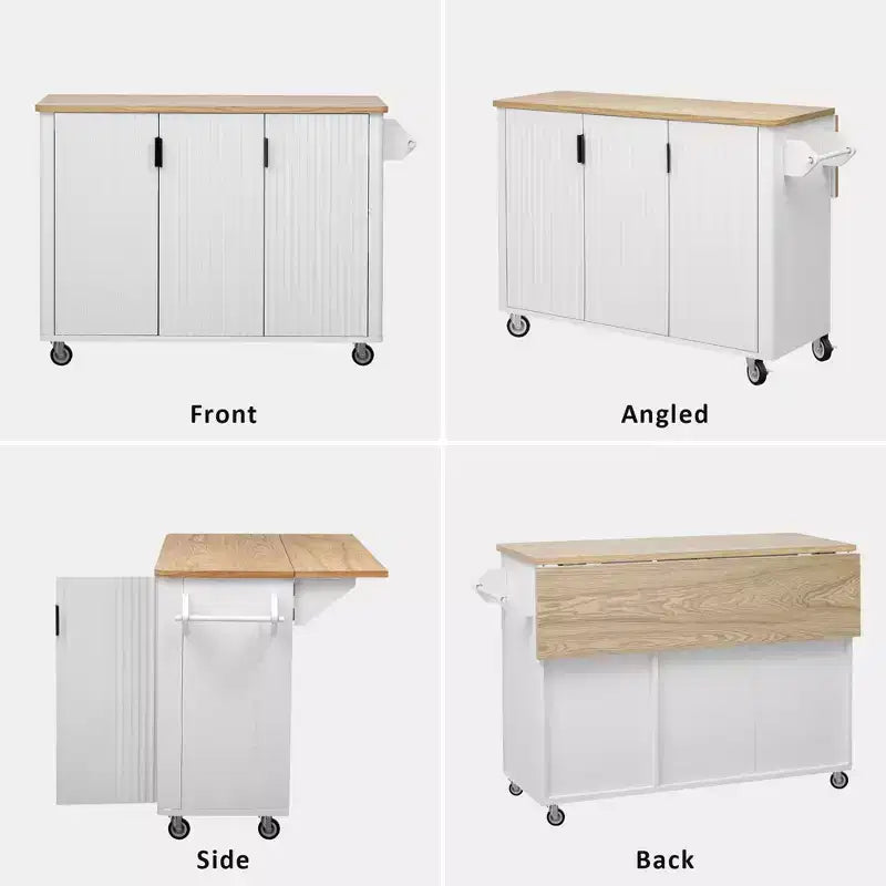 51-inch Recessed Farmhouse-Style Kitchen Island with Folding Table Top Towel Rack and Rolling Cart, Suitable for Kitchens, White Ash Wood