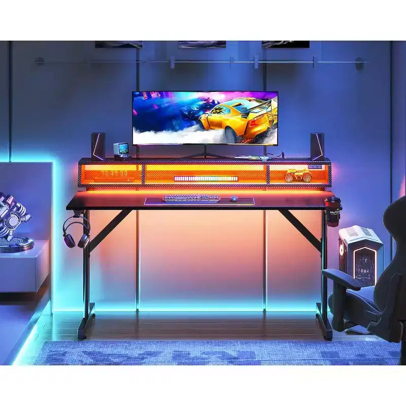 48 inch LED Gaming Desk with Power Outlets Small Computer Table Float Monitor Stand