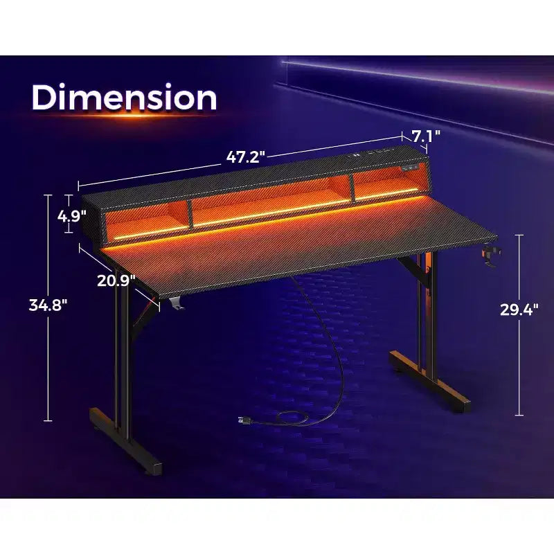 48 inch LED Gaming Desk with Power Outlets Small Computer Table Float Monitor Stand