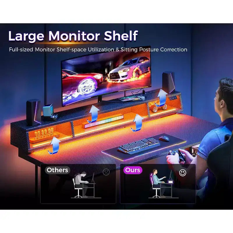 48 inch LED Gaming Desk with Power Outlets Small Computer Table Float Monitor Stand