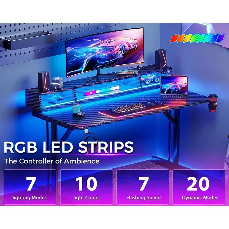48 inch LED Gaming Desk with Power Outlets Small Computer Table Float Monitor Stand